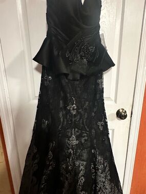 Elegant Black Strapless Lace Peplum Evening Gown - Ivonne D